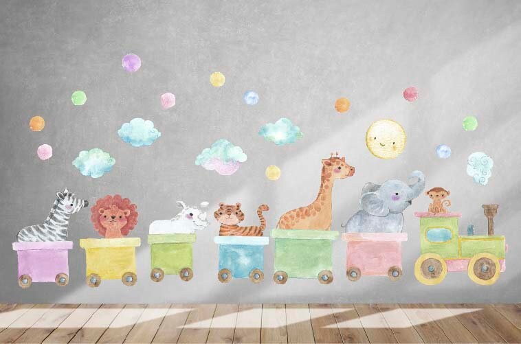 Train Wall Decals Nursery Stickers Jungle Animals Safari, LF023