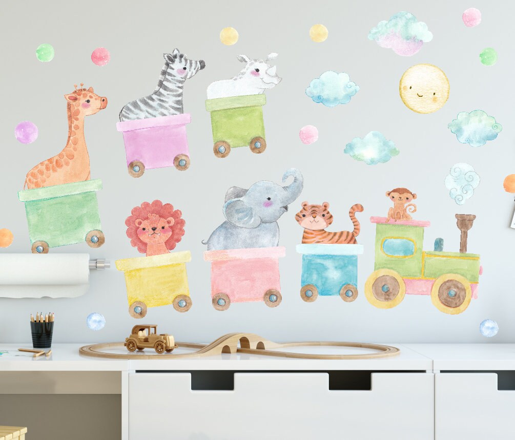 Train Wall Decals Nursery Stickers Jungle Animals Safari, LF023