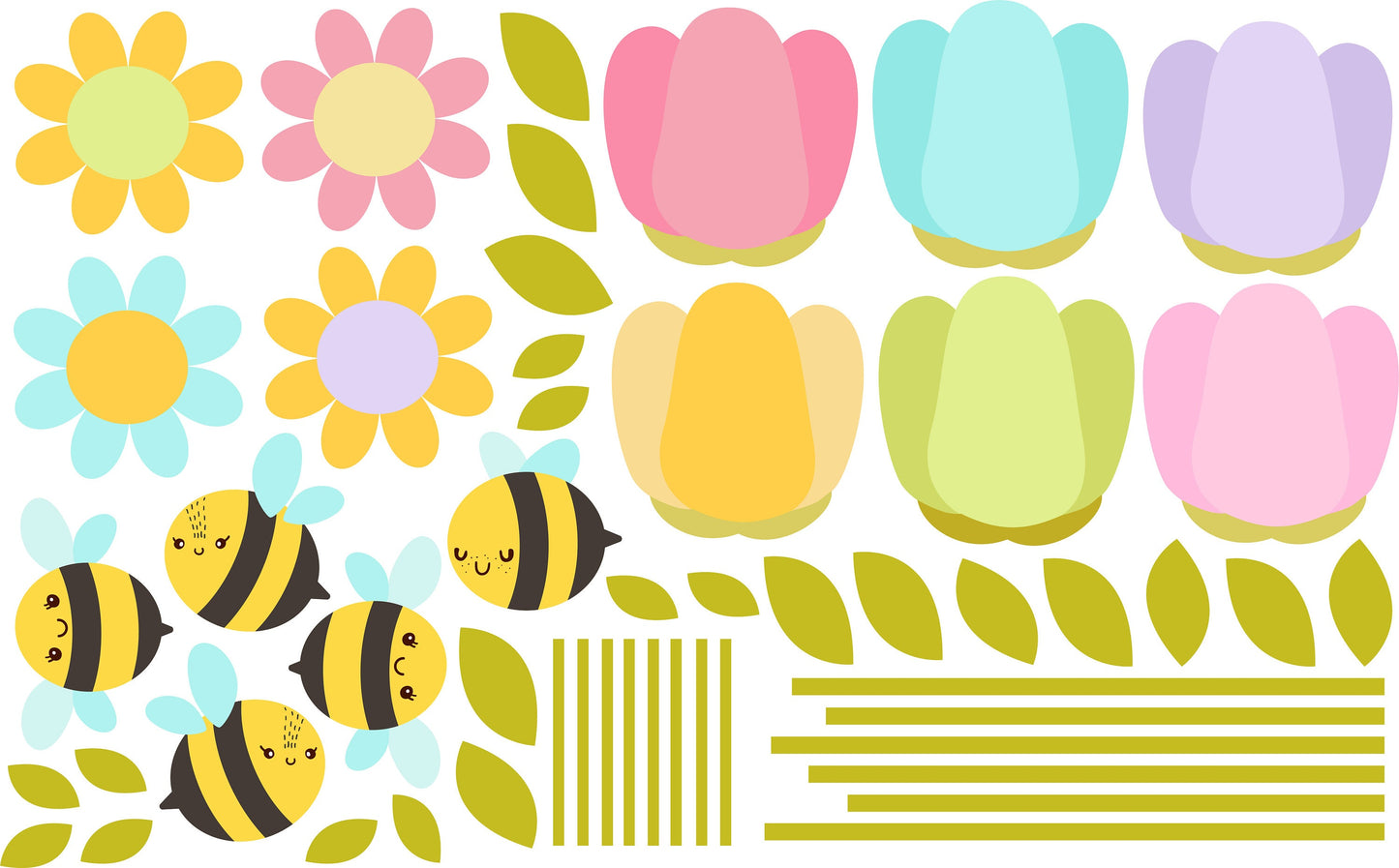 Flower wall decals Decor Cute Bee Tulip Floral Home decor Nursery Kawaii, LF025