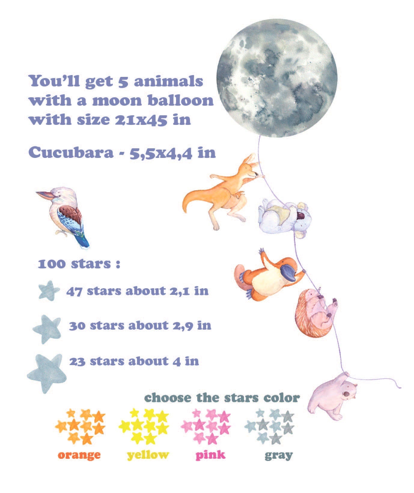 Australian Animals Nursery Decals Aussie Wall Stickers Moon Stars, LF039