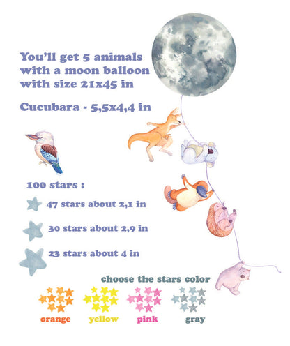 Australian Animals Nursery Decals Aussie Wall Stickers Moon Stars, LF039