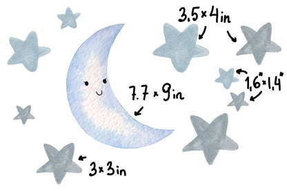 Star Wall Decals Moon Watercolor Stickers Half Moon, LF042