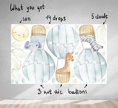 Hot Air Balloon Wall Decal Nursery Decor Safari Animals LF043