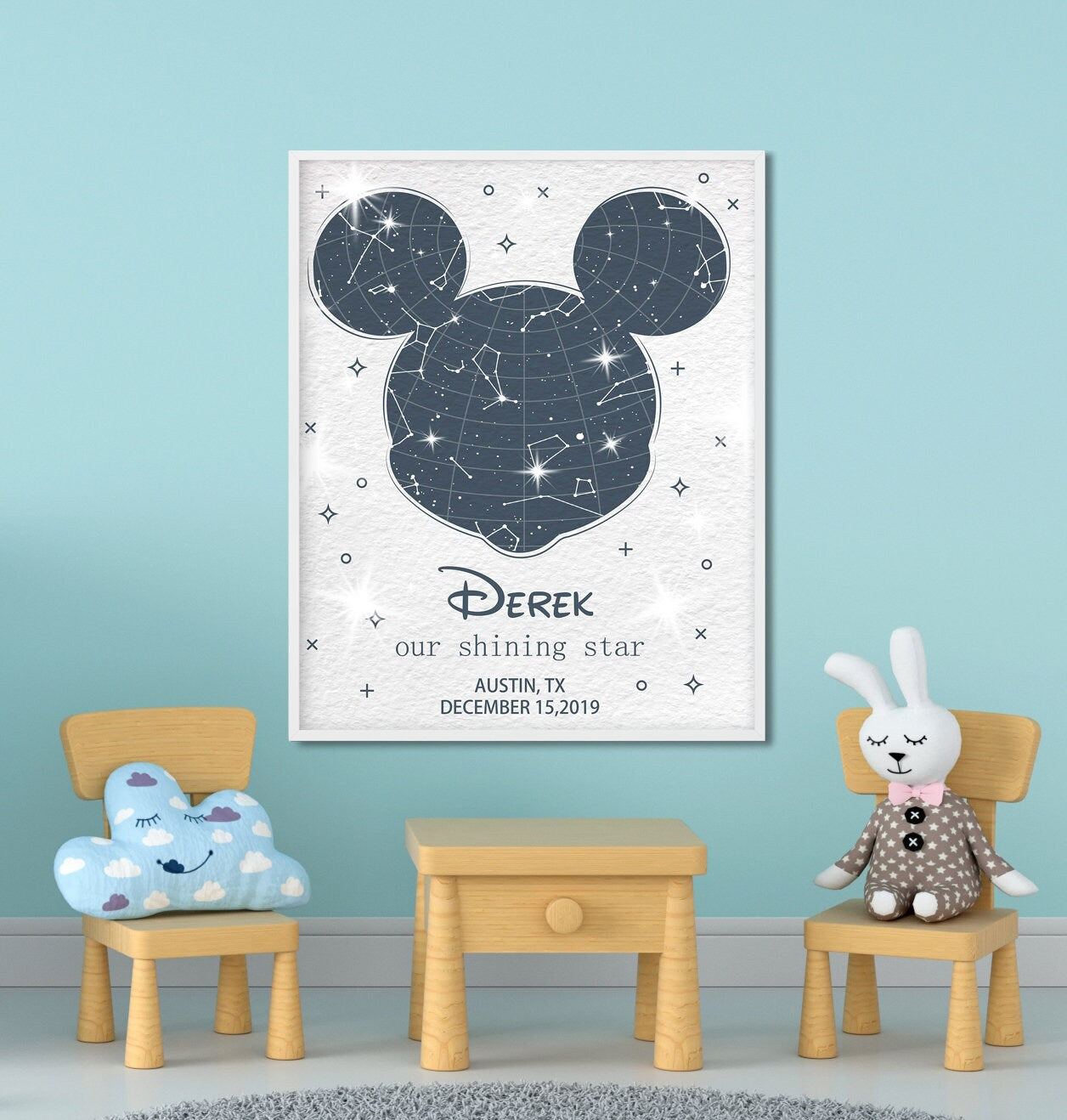 Custom Night Sky Print Nursery Decor Mickey Ears Star Map by Date 1st Birthday Gift, LF044