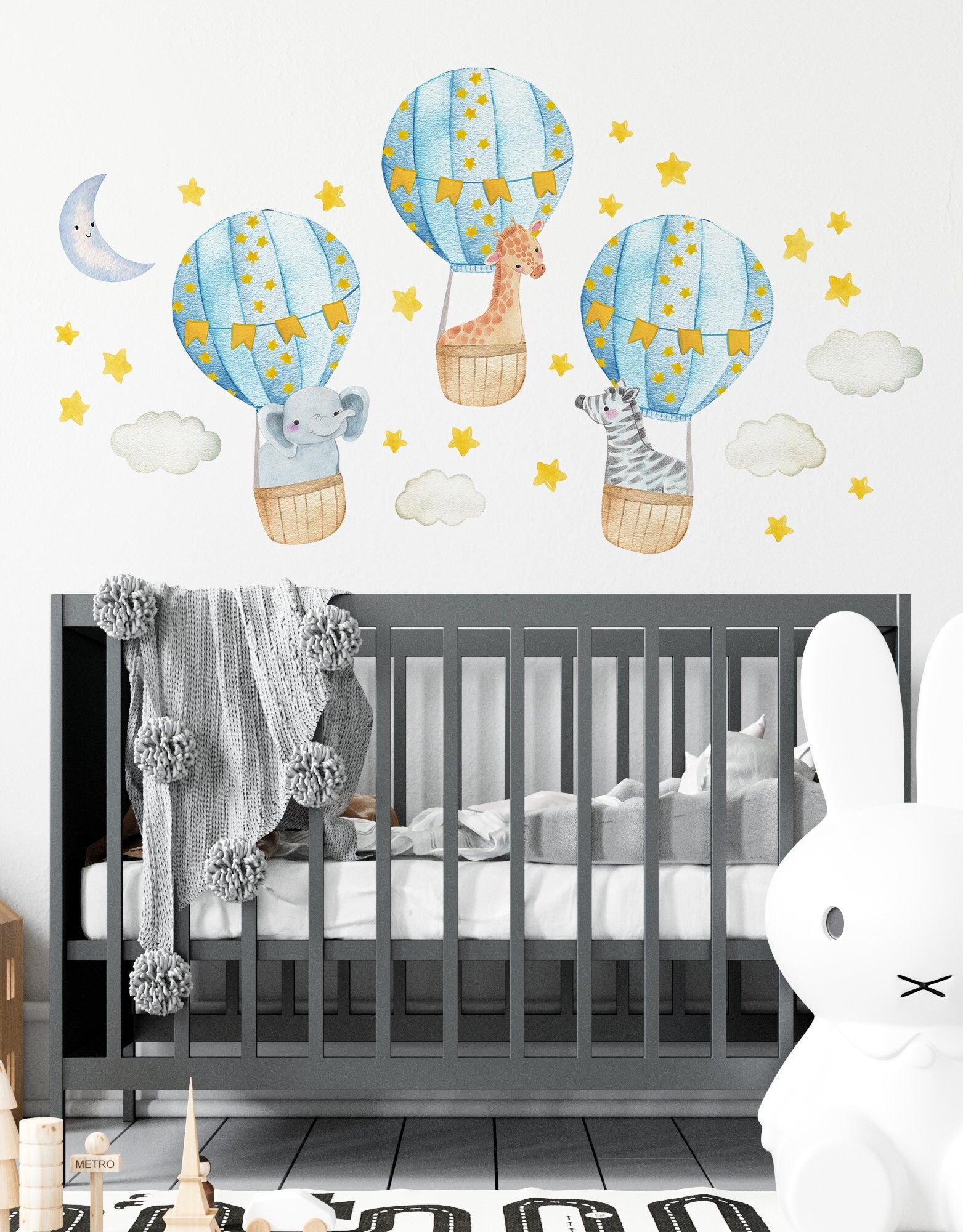 Hot Air Balloons Wall Decals Moon Stars Stickers Nursery Decor Safari Animals Watercolor Clouds, LF54