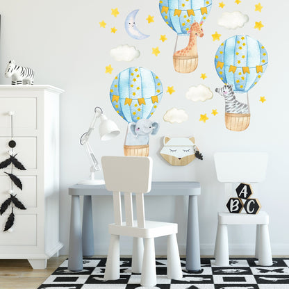 Hot Air Balloons Wall Decals Moon Stars Stickers Nursery Decor Safari Animals Watercolor Clouds, LF54