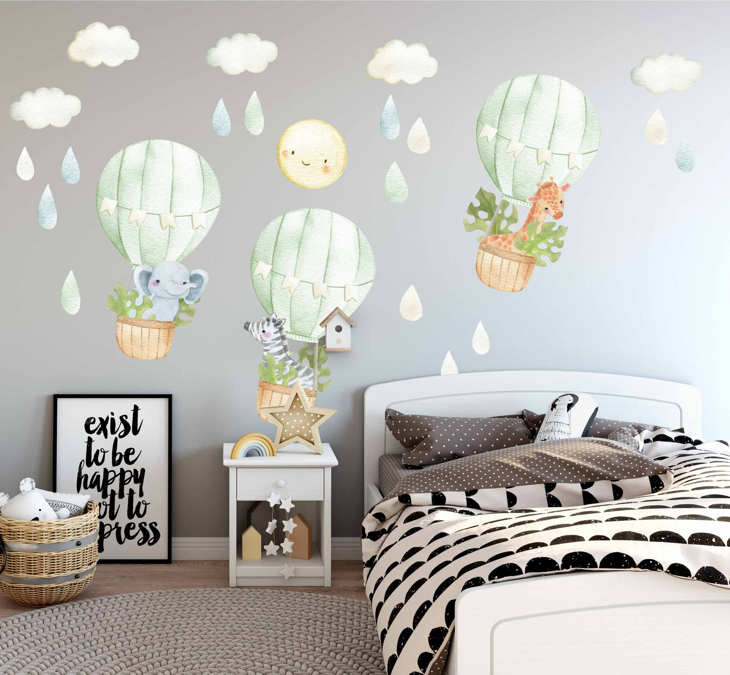 Hot air Balloon Watercolor Nursery decals Jungle Safari Animals Large Green Leaves, LF57