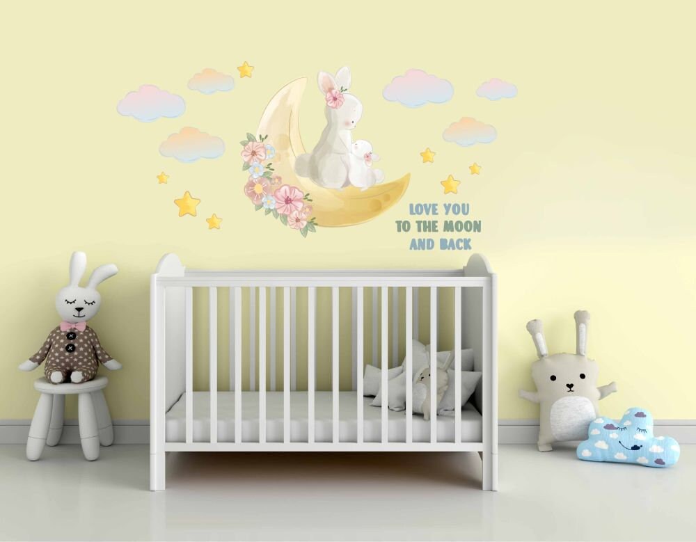 Bunny Decals Family Mom Baby Moon Clouds Love You To The Moon And Back, Stars Stickers Girls room, LF059