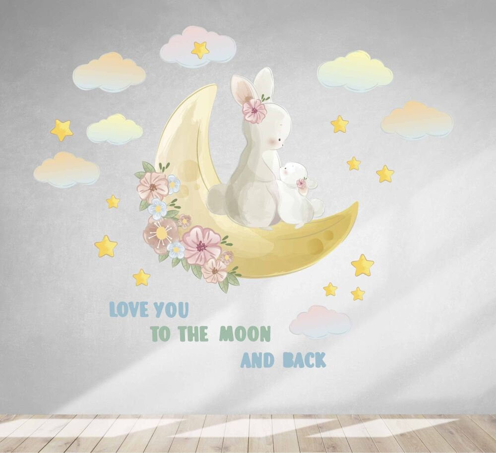 Bunny Decals Family Mom Baby Moon Clouds Love You To The Moon And Back, Stars Stickers Girls room, LF059