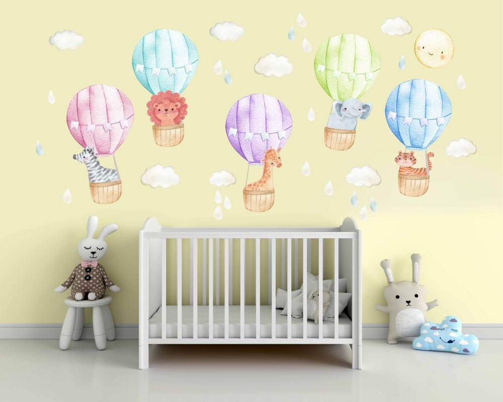 Hot Air Balloon Wall Decal Decor Nursery Safari Animals Jungle Stickers, LF064