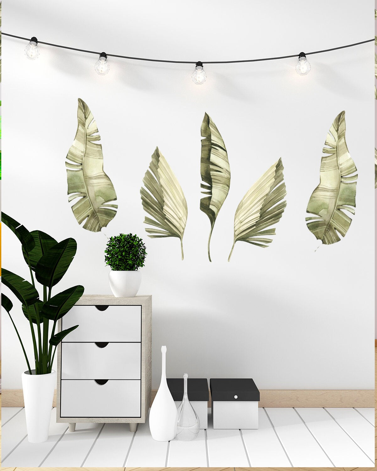 Green leaf wall decals Bed Headboard Palm Banana Sticker, Watercolor, LF071