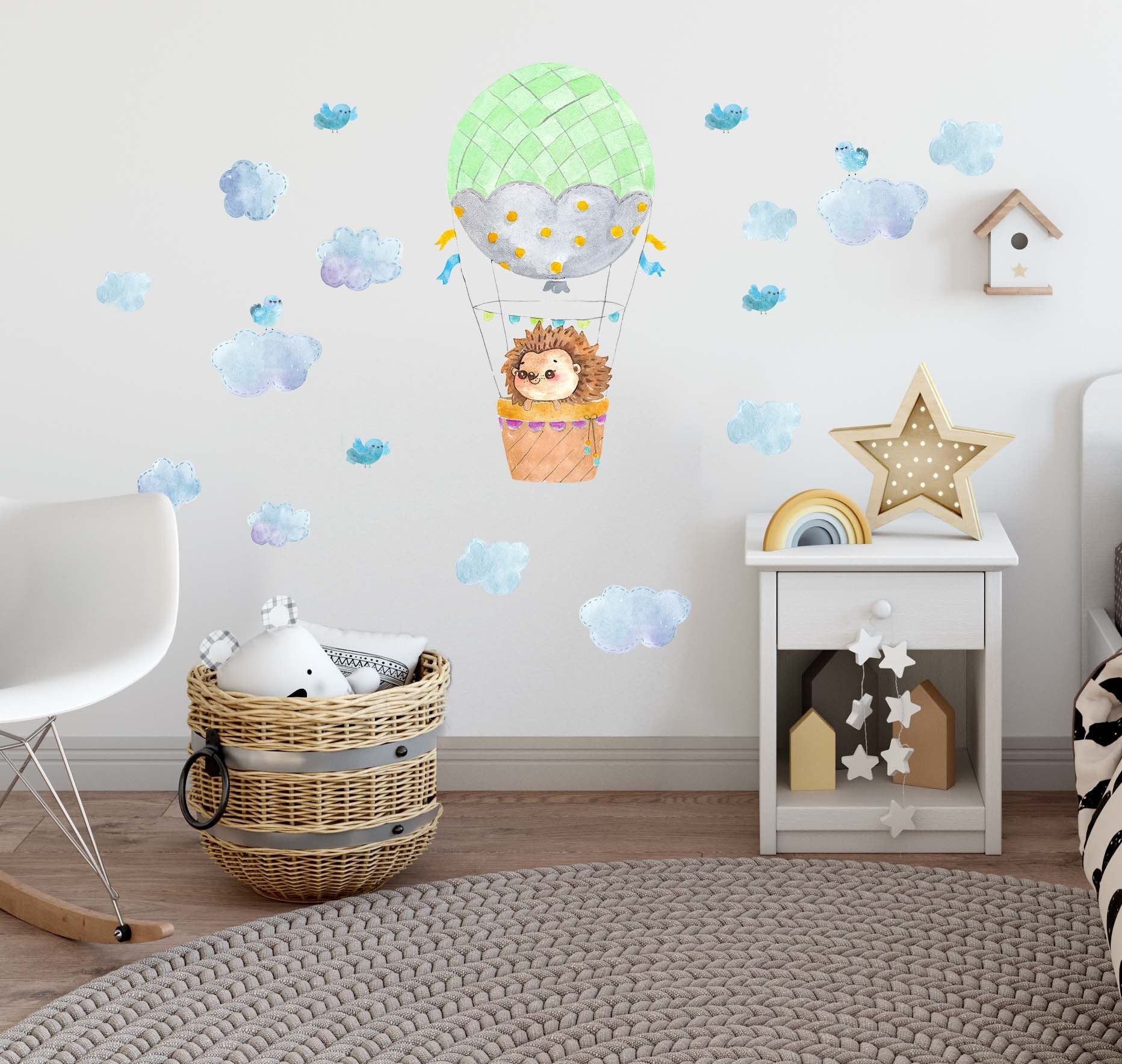 Hot air balloon Wall decals Hedgehog Nursery Watercolour Forest Animal Stickers Clouds Bird, LF086