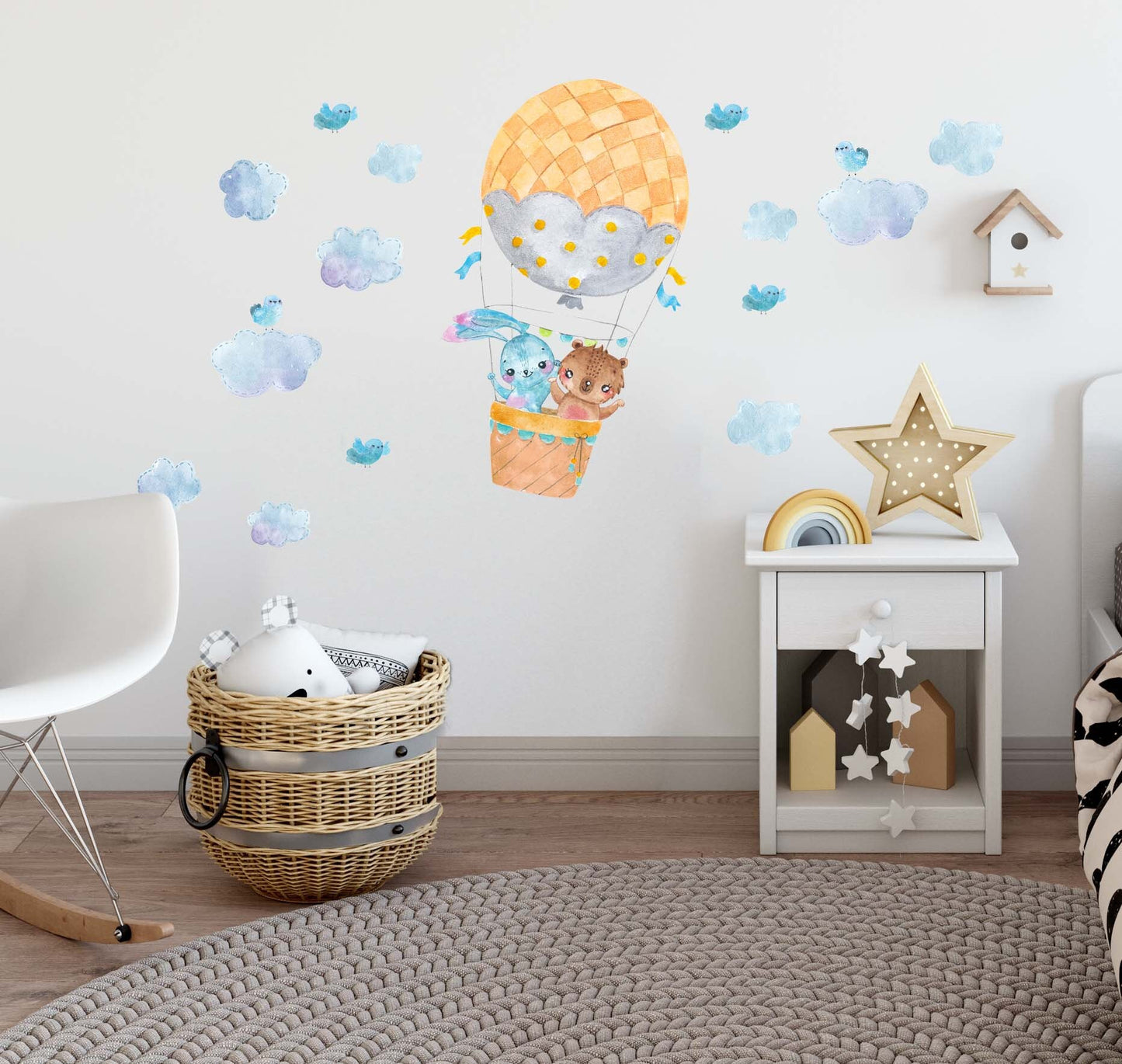 Hot air balloon decals Bunny Bear Nursery Forest Wall Stickers Clouds Bird , LF106