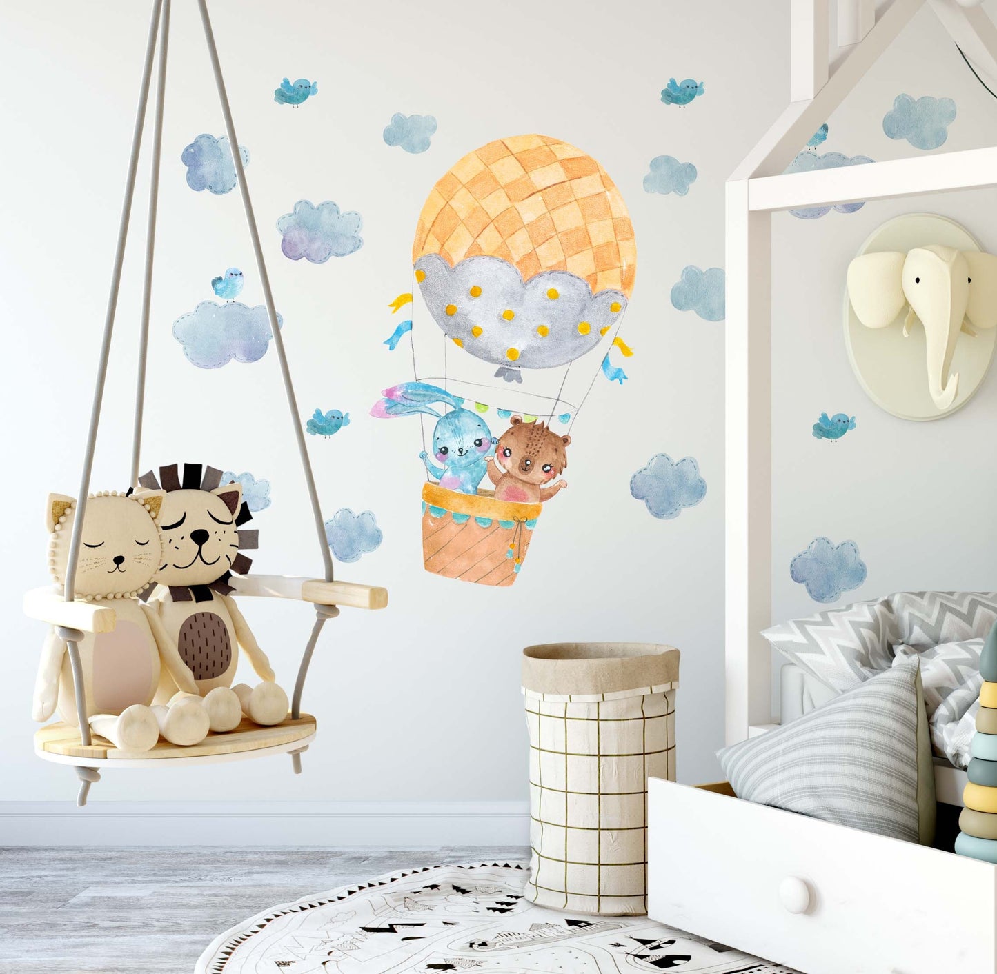 Hot air balloon decals Bunny Bear Nursery Forest Wall Stickers Clouds Bird , LF106