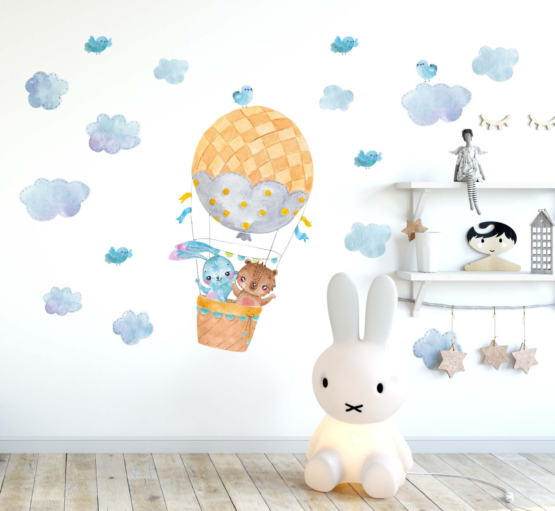 Hot air balloon decals Bunny Bear Nursery Forest Wall Stickers Clouds Bird , LF106