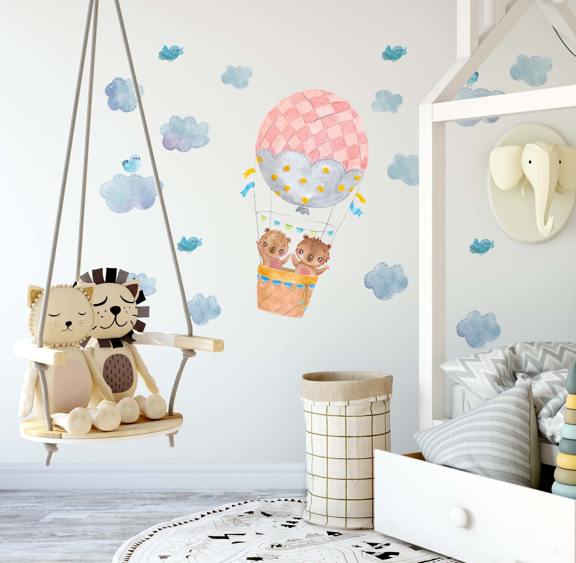 Hot air balloon decals Bear Nursery Watercolour Forest Animal Stickers Clouds Bird, LF108