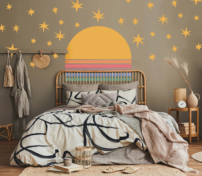 Sun Rainbow Wall Decal Stars Stickers Large Boho Arch Headboard Colorblock, LF115