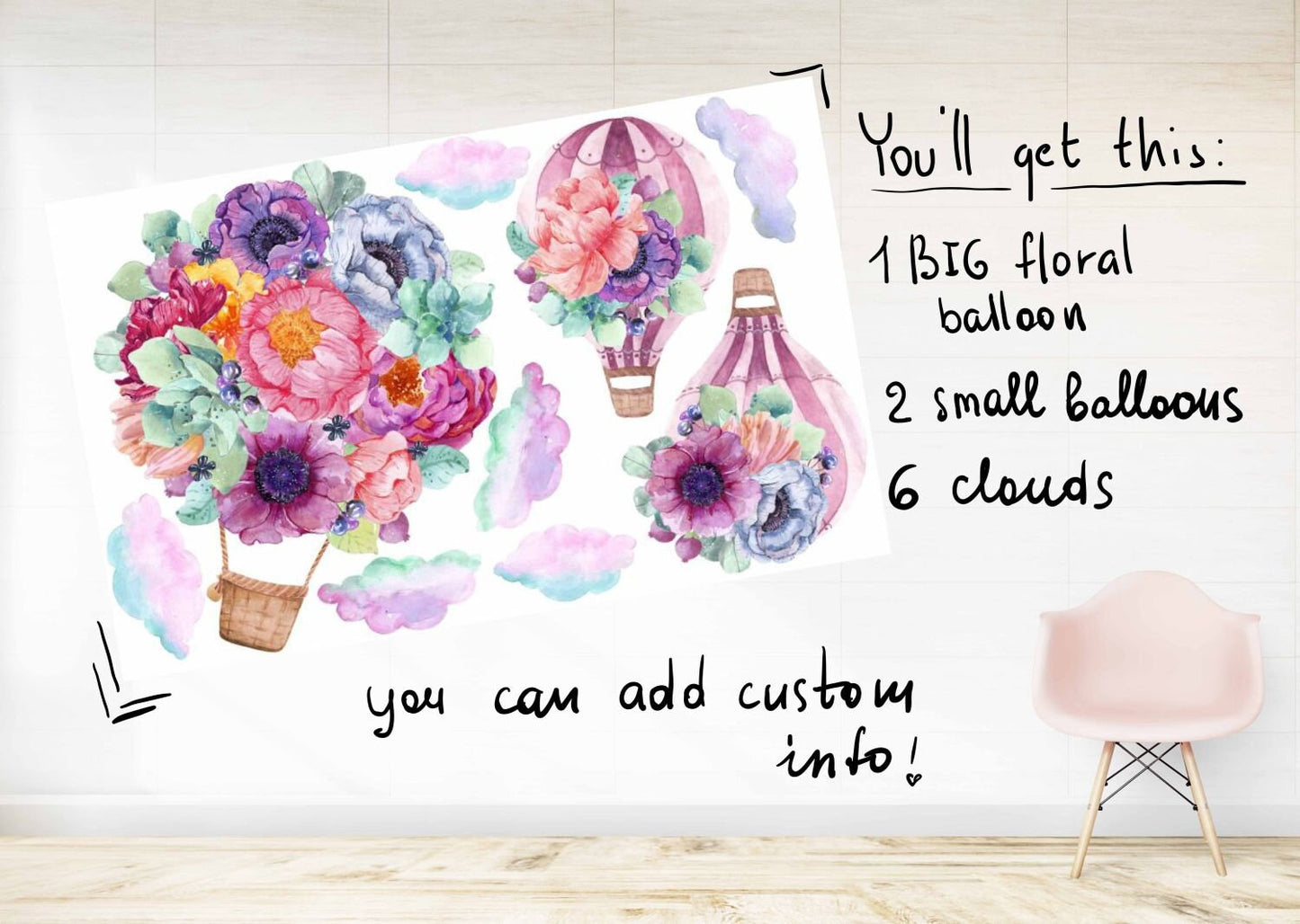 Hot Air Balloon Wall Decals Watercolor Flower Stickers, LF118