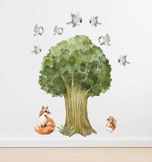 Tree Wall Decal Stickers Fox Bunny Bird, KL0013