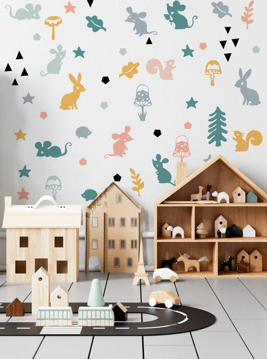 Mouse Wall Decal Forest Animals Stickers Scandi Woodland Leaves Bunny squirrel , LF132