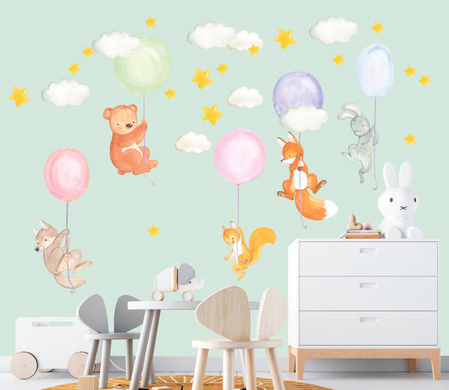 Woodland Animals Decals Color Balloons Stickers Bear Wolf Fox, LF135