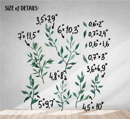 Greenery Wall Decals Watercolor Sticker Green Leaves Room Decor Stickers, LF145