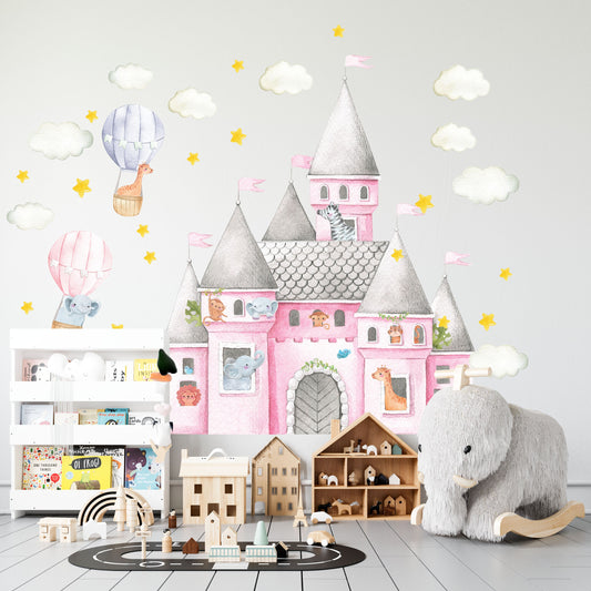 Castle Wall Decal Princess Pink Watercolor Sticker Safari Animals Hot Balloons, LF165