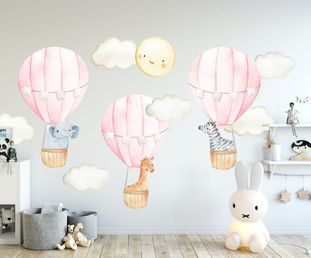 Pink Hot Air Balloon Wall Decal Nursery Decor Safari Animals LF166