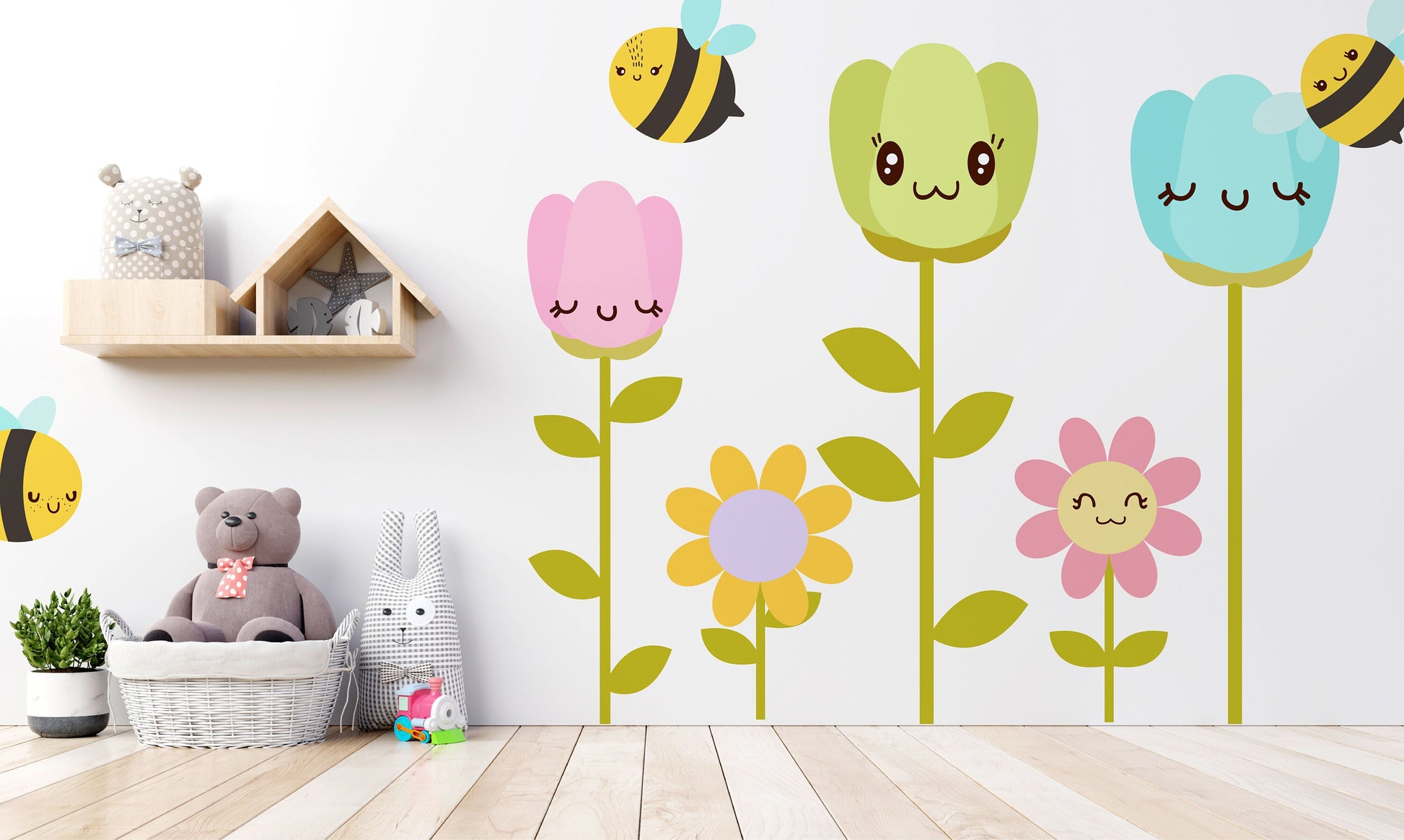 Flower wall decals Decor Cute Bee Tulip Floral Home decor Nursery, LF171