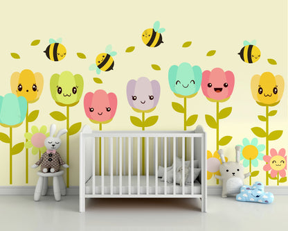 Flower wall decals Decor Cute Bee Tulip Floral Home decor Nursery, LF171