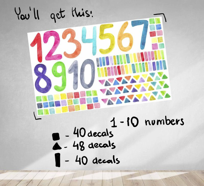 Rainbow Numbers Wall Decals Kids Room Decor Sprinkle Polka Dots learn to count School Stickers, LF172