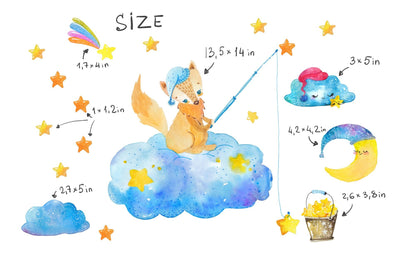 Fox Decals, Moon Stars Stickers Nursery Decoration Forest Animal Clouds, Stars, LF176