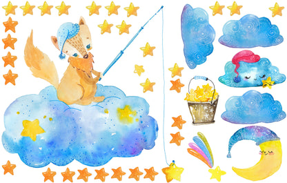 Fox Decals, Moon Stars Stickers Nursery Decoration Forest Animal Clouds, Stars, LF176