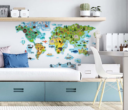 World Map wall decal Sticker Animals, LF181