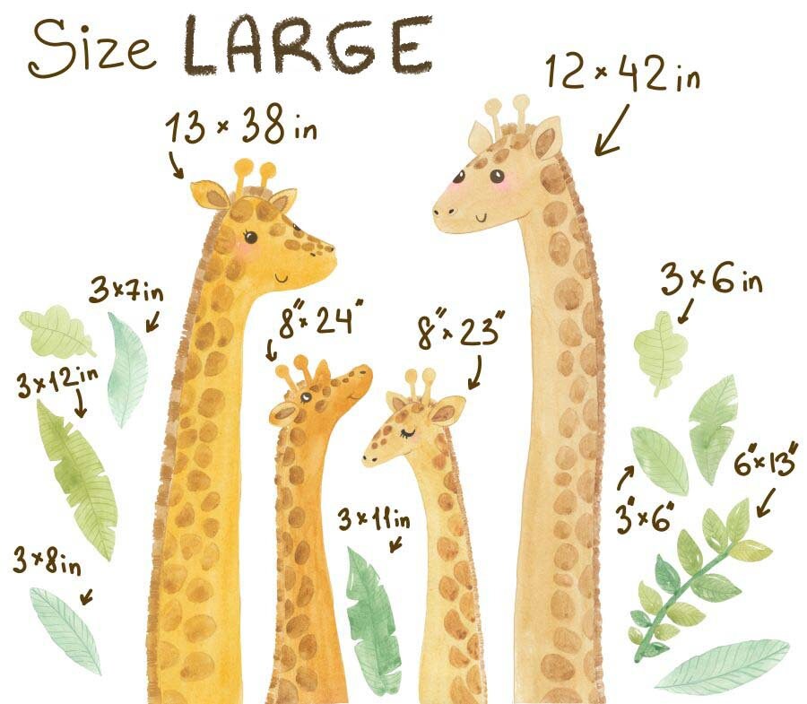 Giraffe Wall Decals Safari Animal Stickers Jungle Tropical Green Leaf, LF185