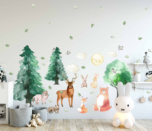 Pine Tree Forest Wall Decals Woodland Animal Stickers Bear Deer Fox Bunny, LF186