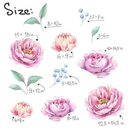 Peony Wall Decal Large Pink Rose Flowers Stickers, LF196