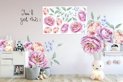 Peony Wall Decal Large Pink Rose Flowers Stickers, LF196