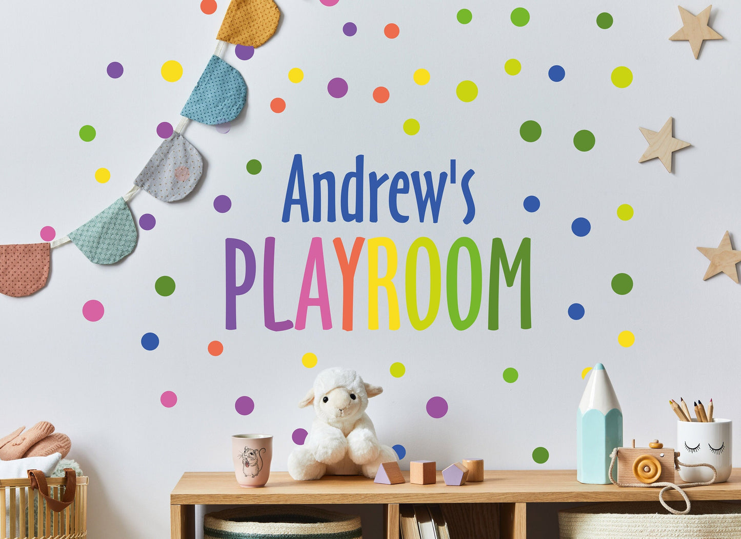 Personalized Names Rainbow Wall Decals Playroom Stickers Stars Polka Dots, KL 0021