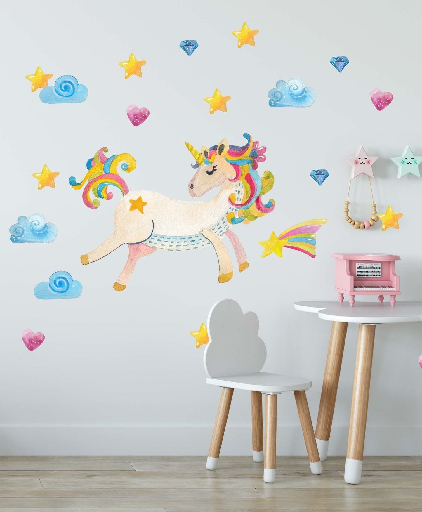 Unicorn decal Watercolor wall Sticker Horse Stars Rainbow, LF201