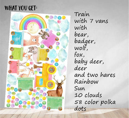 Train Wall Decals Woodland Animals Polka Dots Stickers Rainbow Bear Fox, LF204