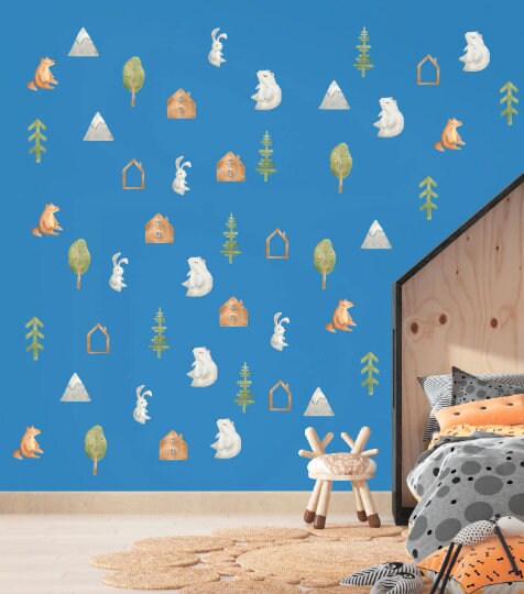 Animals Wall Decals Woodland Forest Stickers Pine Tree Fox Bunny Mountain, LF205