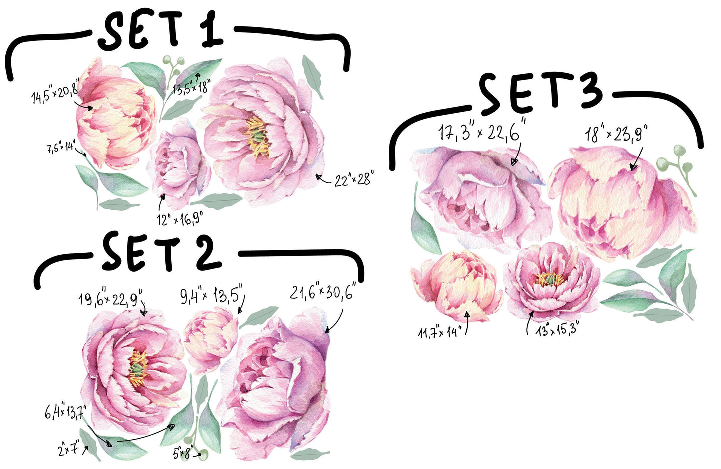 Peony Wall Decal Floral Rose Stickers Large, LF215