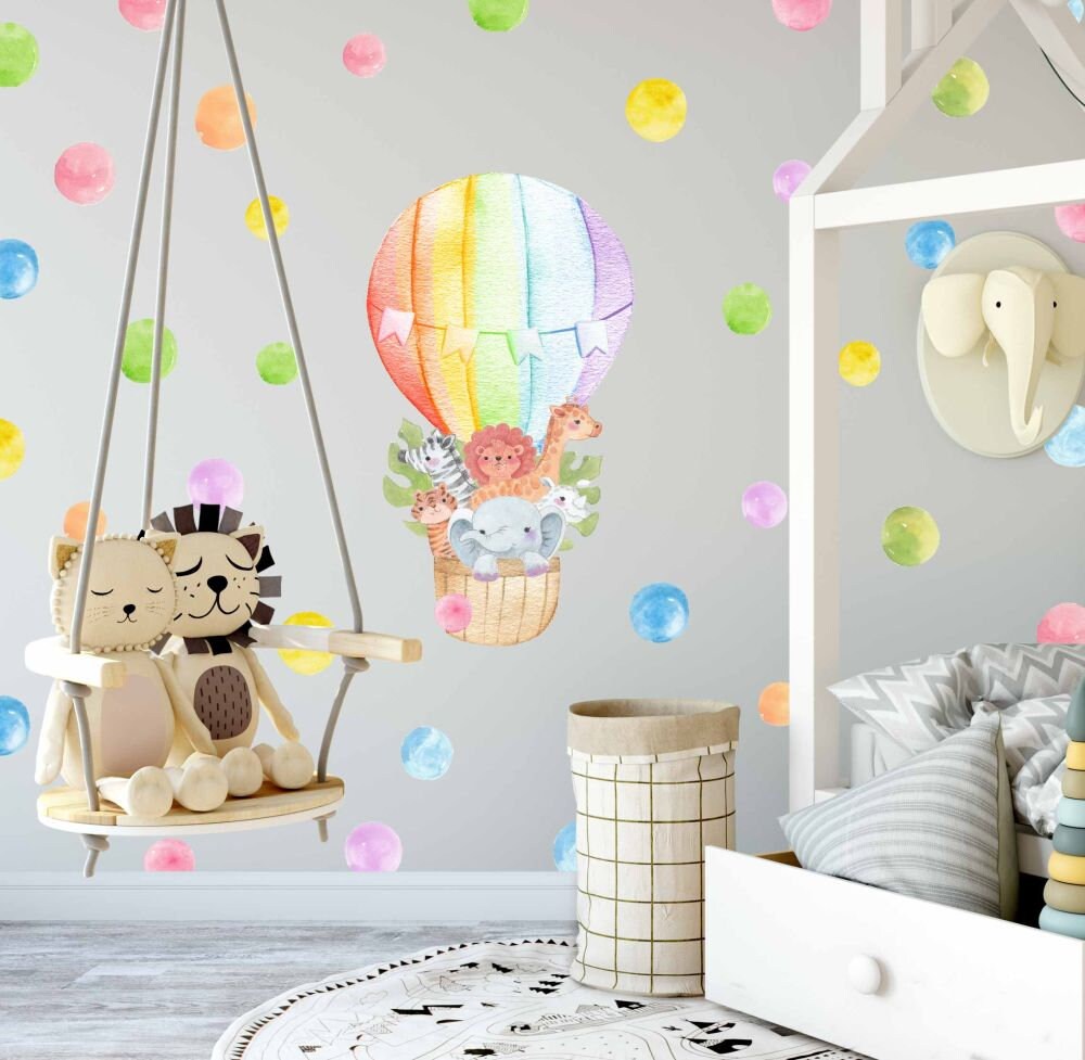 Hot Air Balloon Wall Decal Polka Dots Safari Animals Jungle Stickers, LF216