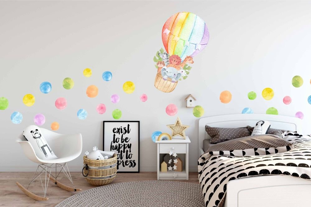 Hot Air Balloon Wall Decal Polka Dots Safari Animals Jungle Stickers, LF216