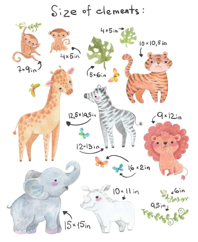 Jungle Animals Decals Safari Stickers Greenery Leave Butterfly Elephant Zebra Giraffe, LF217