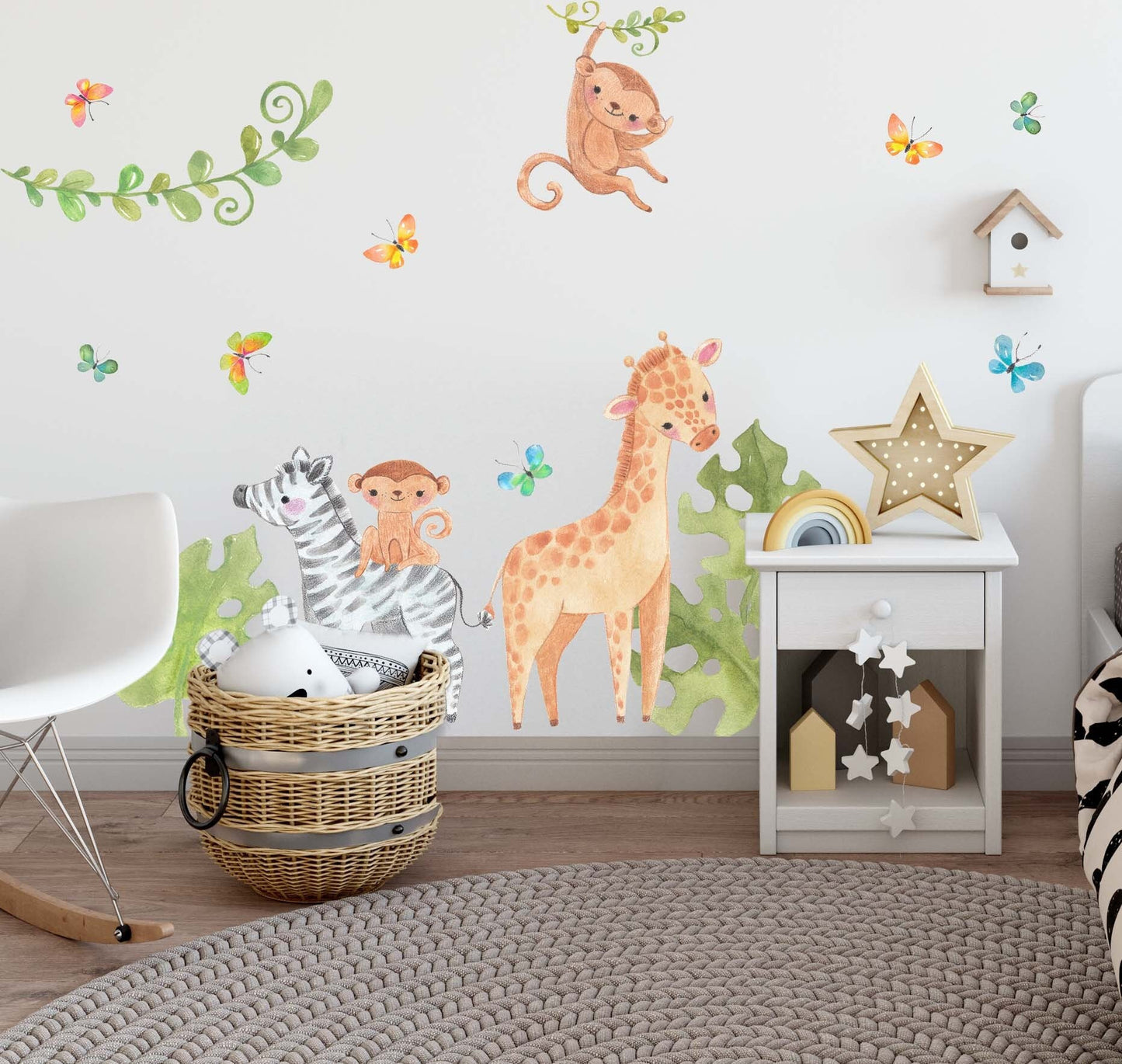 Jungle Animals Decals Safari Stickers Greenery Leave Butterfly Elephant Zebra Giraffe, LF217