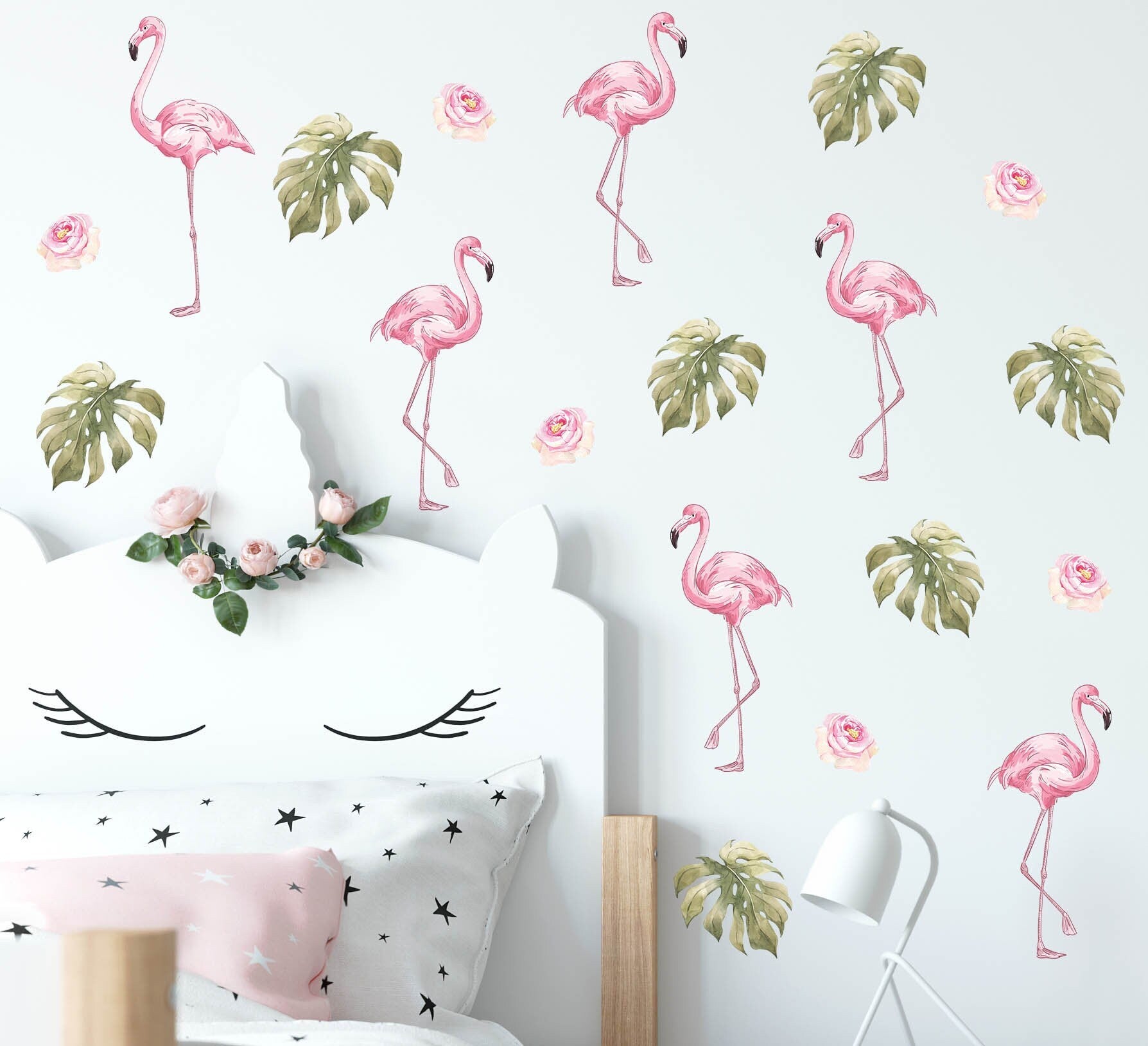 Flamingo Wall Decals Roses Leaves Monstera Stickers, KL0024