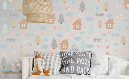 Houses Wall Decals Hedgehog Trees Rainbows Stickers, KL0026