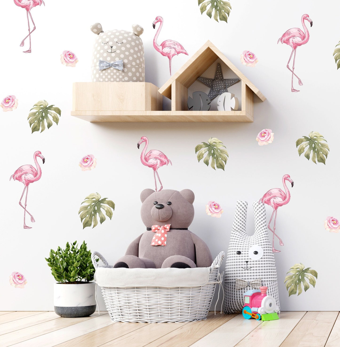 Flamingo Wall Decals Roses Leaves Monstera Stickers, KL0024